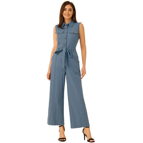 Allegra K ジャンプスーツ ノースリーブ 足首ネクタイウエスト 作業服 ボタンフロント レデ...