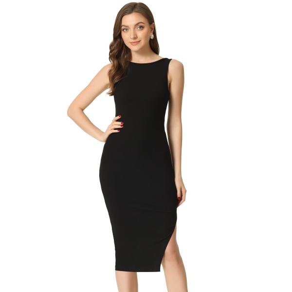 Allegra K ボディコンドレス 無地 ニット ワンピース ノースリーブ ツイストフロント カッ...