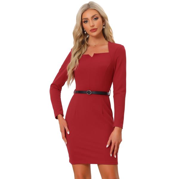 Allegra K 長袖ワンピース ボディコン ペンシルドレス ベルト付き エレガント オフィス シ...
