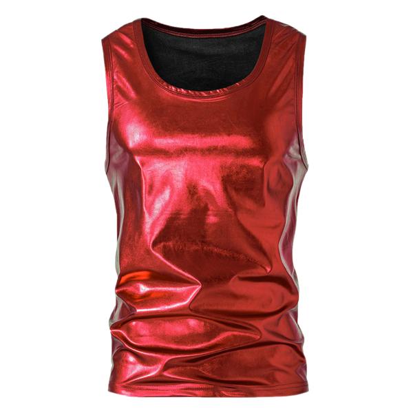 Lars Amadeus トップス ベスト ノースリーブ メタリック ラウンドネック 光沢のある パ...