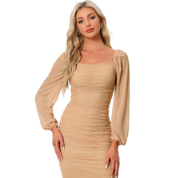 Allegra K ボディコンドレス ミニワンピース エレガント パフスリーブ メッシュ クラブ レ...