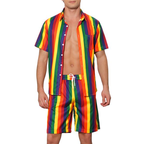 Lars Amadeus レインボー ハワイアンバケーション ビーチ ボタンダウンシャツとショーツ ...