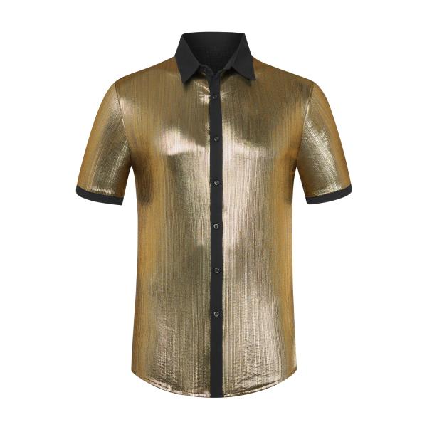 Lars Amadeus コントラストトリム ディスコ メタリックシャツ 半袖 ボタンダウン パーテ...