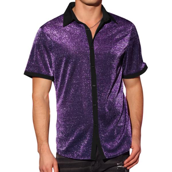 Lars Amadeus メッシュ 襟付きトップス シースルー 半袖 シャイニー メタリック シャツ...