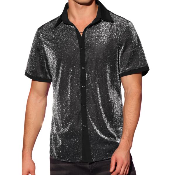 Lars Amadeus メッシュ 襟付きトップス シースルー 半袖 シャイニー メタリック シャツ...