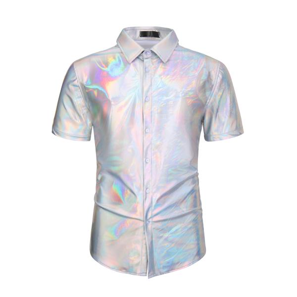 Lars Amadeus メンズ ボタンダウン シャイニー メタリック シャツ ホログラフィック 半...