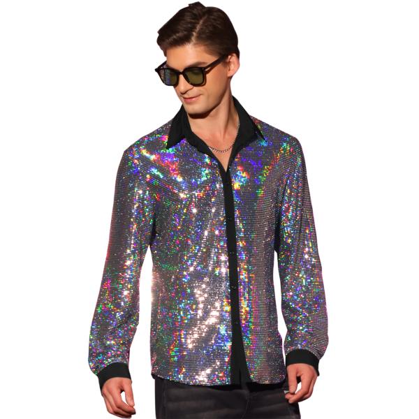 Lars Amadeus メンズ用スパンコールシャツ 長袖 ボタンダウン ディスコパーティー メタリ...