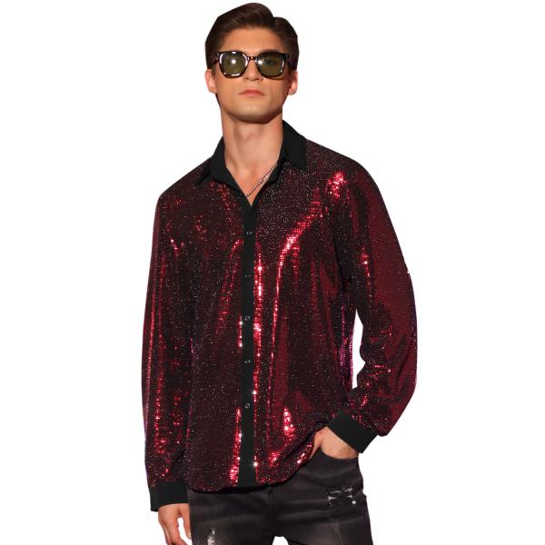 Lars Amadeus メンズ用スパンコールシャツ 長袖 ボタンダウン ディスコパーティー メタリ...