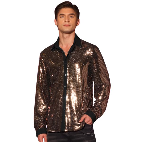 Lars Amadeus メンズ用スパンコールシャツ 長袖 ボタンダウン ディスコパーティー メタリ...