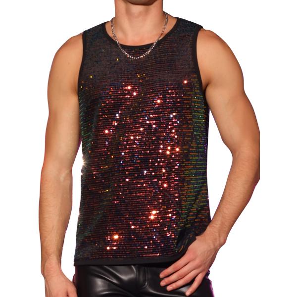 Lars Amadeus スパンコール タンクトップ クルーネック シャイニー メタリック ベスト ...