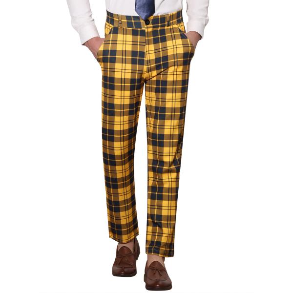 Lars Amadeus ロングパンツ カジュアルズボン 格子縞 チェック柄 フラット フロント ス...