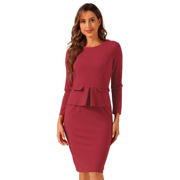 Allegra K シースドレス ボディコンワンピース 七分袖 ペンシルドレス ペプラム 通勤 ラウ...