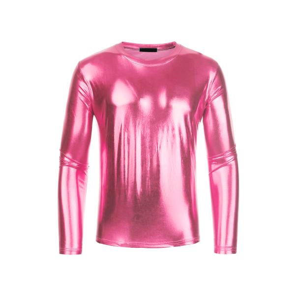 Lars Amadeus 長袖トップス 無地Tシャツ メタリック ラウンドネック シャイニング ディ...