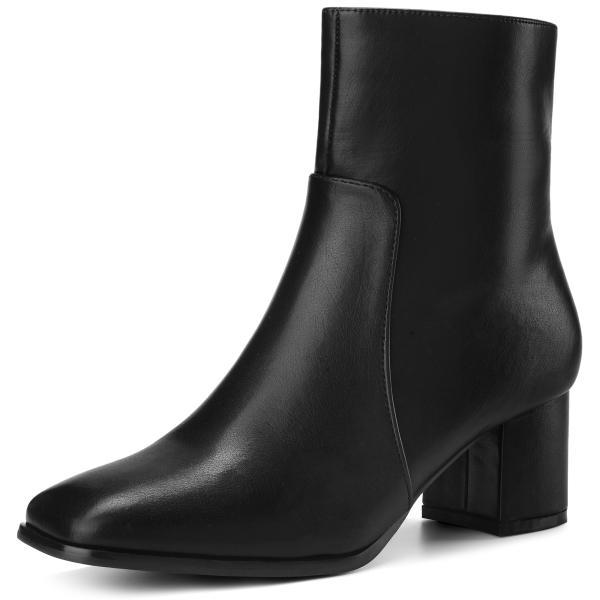 uxcell Perphy スクエアトゥ サイドジップ チャンキーヒール アンクルブーツ レディース...