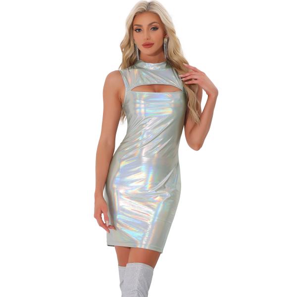 Allegra K メタリックボディコンドレス レディース ノースリーブ モックネック クラブパーテ...
