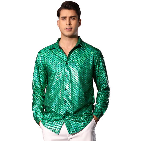 uxcell Lars Amadeus メンズ メタリックシャツ 長袖 パーティー ナイトクラブ 柄...