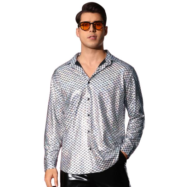 uxcell Lars Amadeus メンズ メタリックシャツ 長袖 パーティー ナイトクラブ 柄...