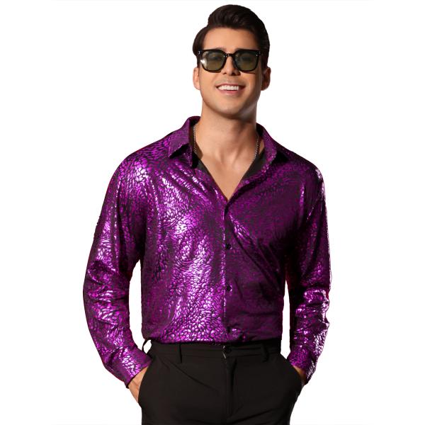 uxcell Lars Amadeus メンズ ヒョウ柄メタリックシャツ 長袖 ボタンダウン 光沢シ...