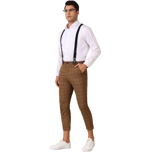 Lars Amadeus メンズ チェック柄 クロップドパンツ テーパードレッグ フォーマルチェック...