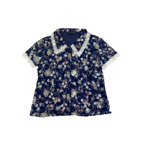 Allegra K シャツ 丸襟 襟付きブラウス 花柄 刺繍 レース パフスリーブ 半袖 ヴィンテー...