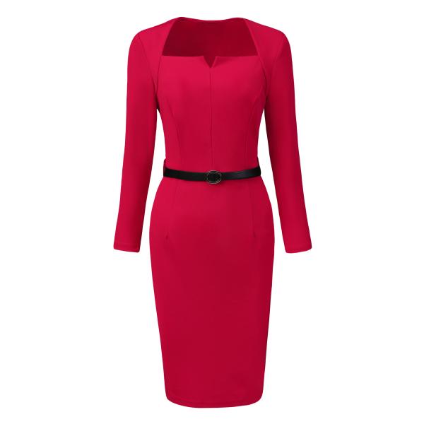 Allegra K 長袖ワンピース ボディコン ペンシルドレス ベルト付き エレガント オフィス シ...