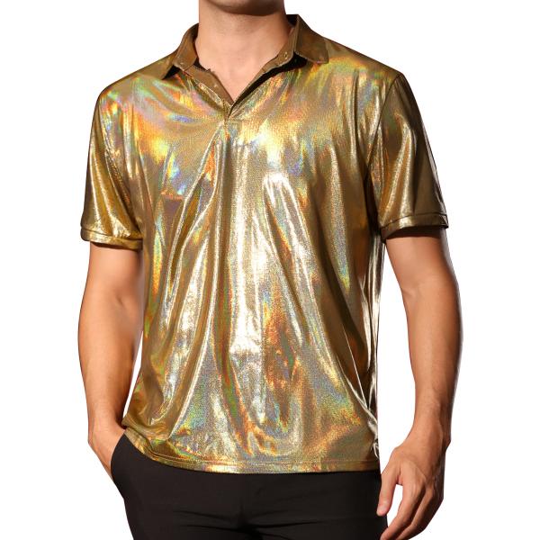 Lars Amadeus メンズ 半袖 メタリック ポロシャツ 光沢のあるディスコ ナイトクラブ パ...