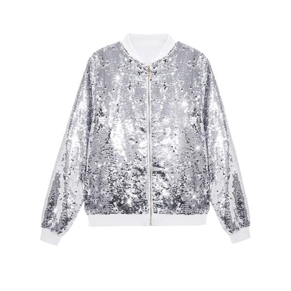 Lars Amadeus 多色光沢 スパンコール ボンバー ジップアップ バーシティ 長袖 アウター...