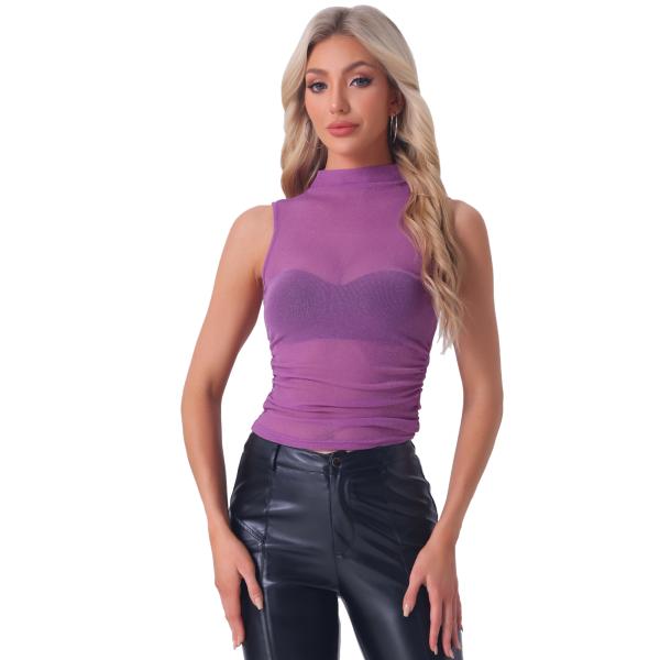 Allegra K モックネック ルーシュトップ レディース ノースリーブ メッシュ 夏用 クロップ...