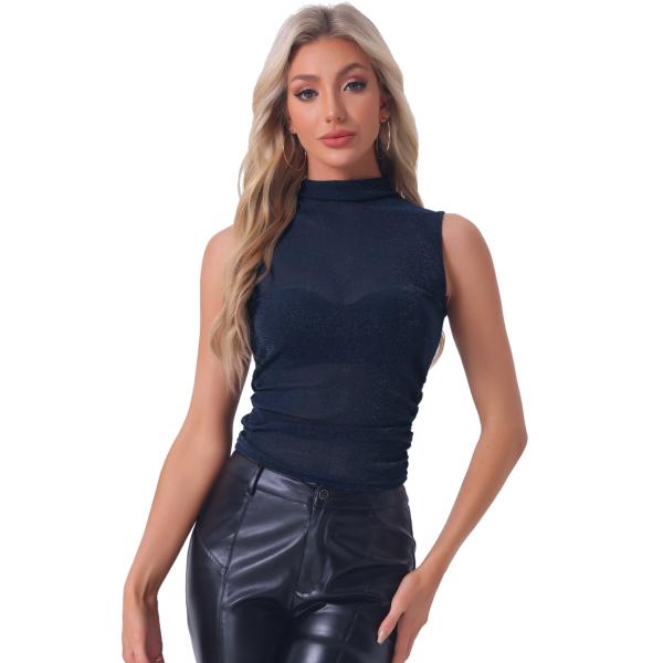 Allegra K モックネック ルーシュトップ レディース ノースリーブ メッシュ 夏用 クロップ...