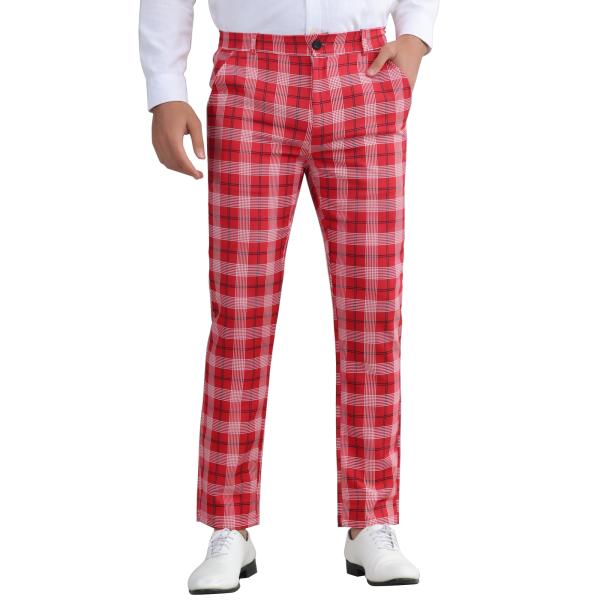 Lars Amadeus メンズ用チェック柄パンツ カラーブロック ストレートレッグ チノパンツ ロ...