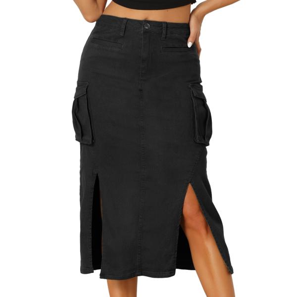 Allegra K デニムカーゴスカート Y2K スプリットヘム ミディジーンズスカート ポケット付...