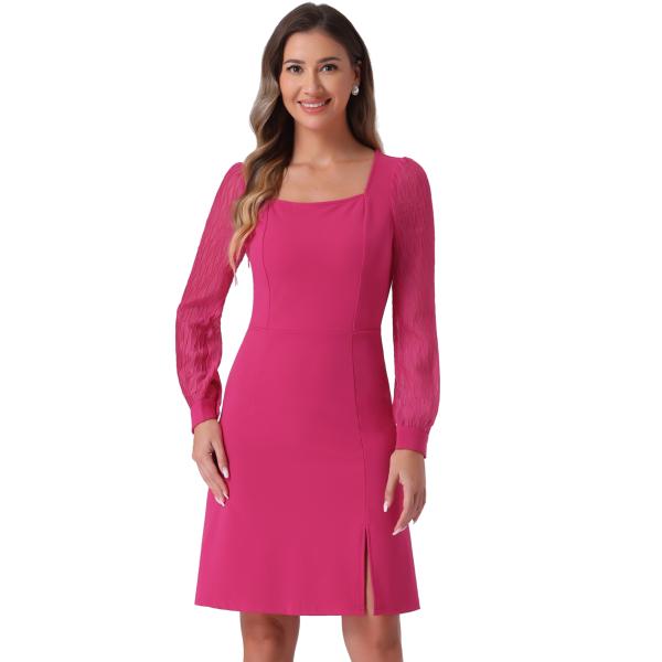 Allegra K スリットワンピース Aライン パフスリーブ 長袖 ミニドレス スクエアネック ス...