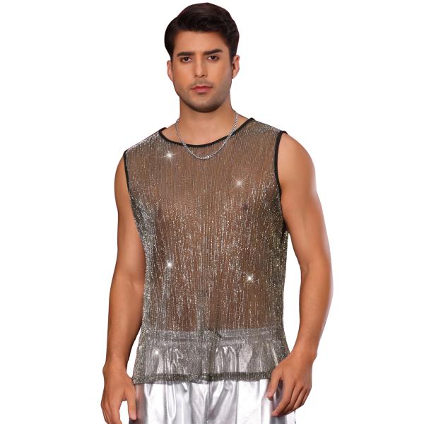 Lars Amadeus メンズパーティー用輝くタンクトップ シアー シースルー グリッター スパー...