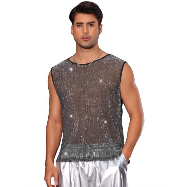 Lars Amadeus メンズパーティー用輝くタンクトップ シアー シースルー グリッター スパー...