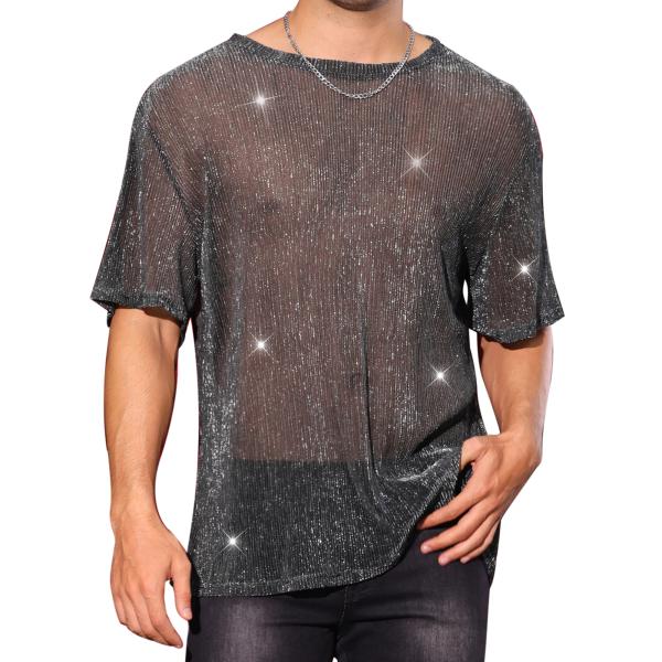 Lars Amadeus グリッターメッシュシアーTシャツ シースルー 半袖 シャイニートップス ク...