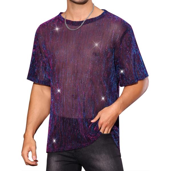 Lars Amadeus グリッターメッシュシアーTシャツ シースルー 半袖 シャイニートップス パ...