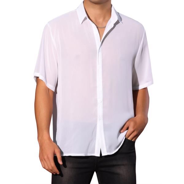 Lars Amadeus メンズ用 シアーシャツ 半袖 シースルートップス ボタンダウン ポイントカ...