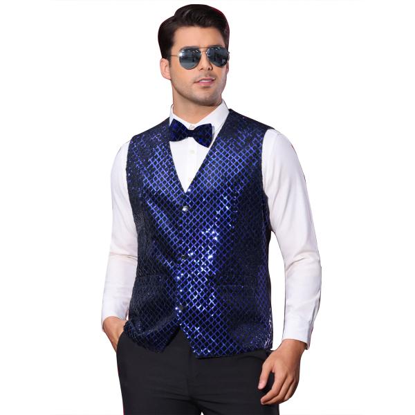 Lars Amadeus アーガイル スパンコール ベスト メンズ Vネック パーティードレス ナイ...