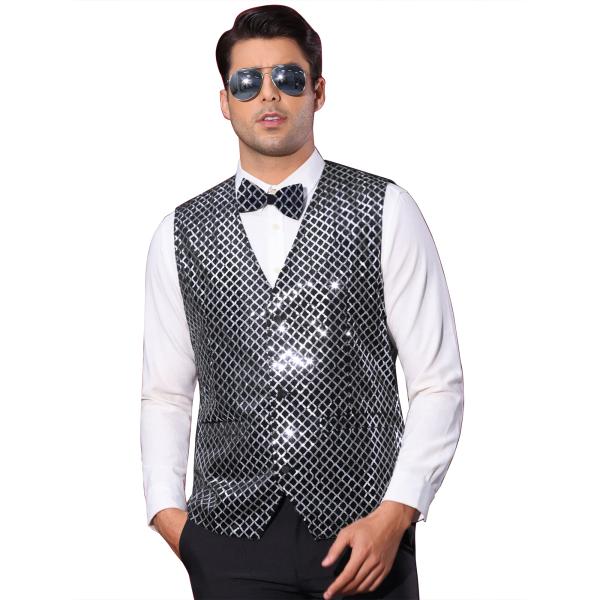 Lars Amadeus アーガイル スパンコール ベスト メンズ Vネック パーティードレス ナイ...