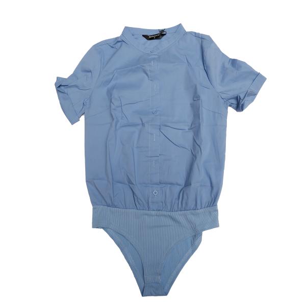 Allegra K ボディスーツ 通勤 ボタンダウン スタンドカラー 半袖 オフィス ワーク シャツ...