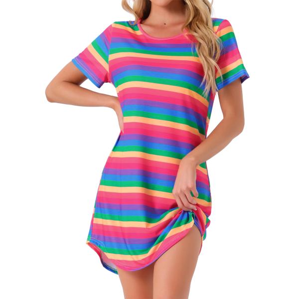 cheibear レディース スリープシャツ Tシャツ ドレス カラフル ストライプ 半袖 ナイトシ...