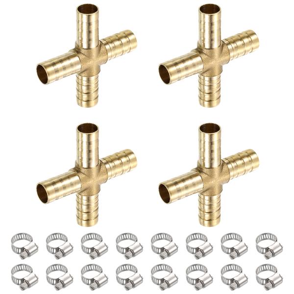 uxcell 4セット 真鍮クロスパイプ継手とホースクランプ 3/8&quot;（10mm）クロスバーブユニオ...