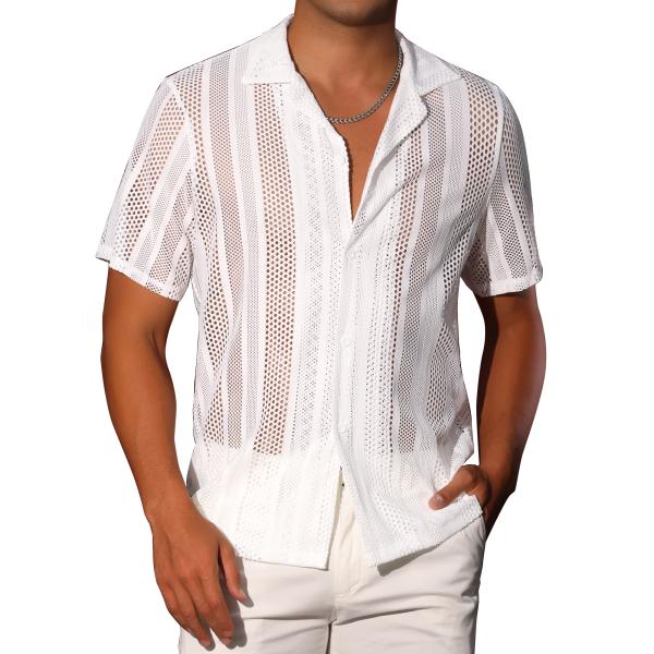 Lars Amadeus メンズ メッシュシャツ キャンプカラー 半袖 ボタンダウン パーティー シ...