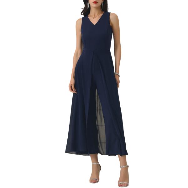 WOMLAYOUT レディース ワイドレッグ ジャンプスーツ シフォン Vネック カクテル ノースリ...