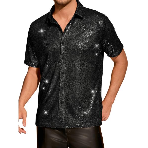 Lars Amadeus メンズ スパンコールシャツ グリッター 70年代 ディスコシャツ ボタンダ...