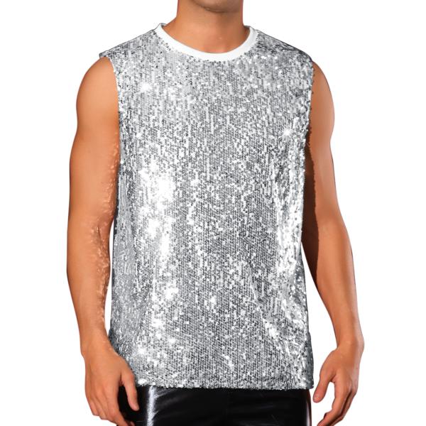 Lars Amadeus メンズ スパンコールタンクトップ ノースリーブ グリッター メタリック パ...