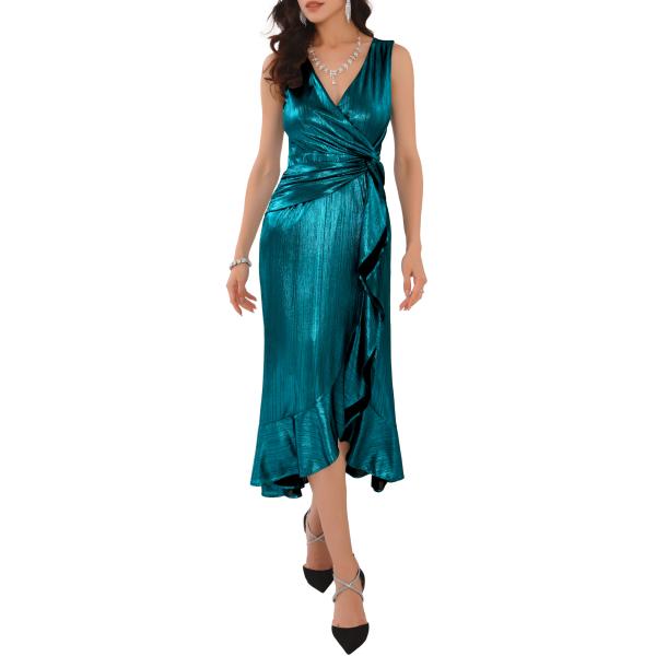 WOMLAYOUT レディース グリッター メタリック ドレス フリル ラップ タイ ウエスト パー...