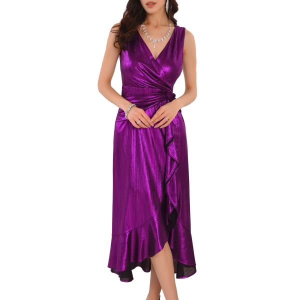 WOMLAYOUT レディース グリッター メタリック ドレス フリル ラップ タイ ウエスト パー...