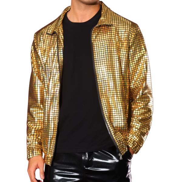 Lars Amadeus メンズ ホログラフィックジャケット メタリック 長袖 スタンドカラー パー...