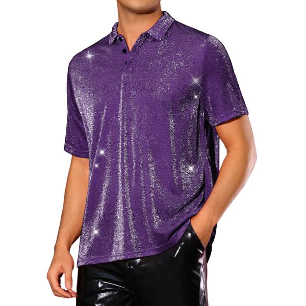 Lars Amadeus メンズ グリッターポロシャツ 光沢のあるトップス 半袖 ディスコ メタリッ...